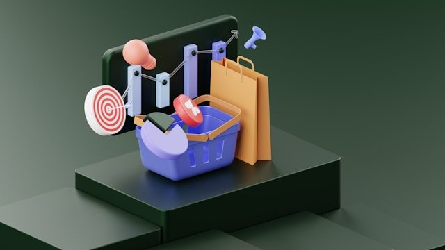 Best AI customer service agents for ecommerce shown through a 3D illustration of a shopping basket, growth chart, target, megaphone, and shopping bags representing automated online retail support