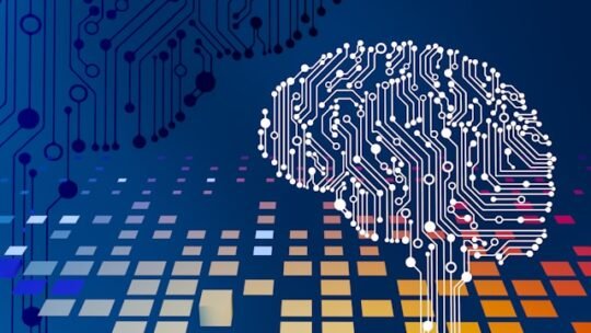 Circuit board brain illustration representing the best general AI agent with neural network pathways on dark blue background