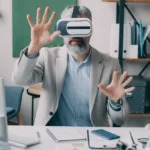 Professional using VR headset in modern office demonstrating spatial computing technology