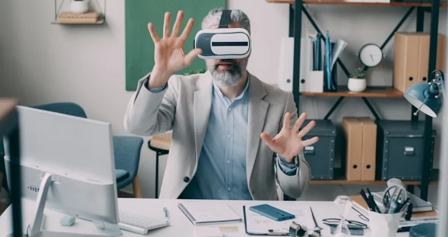 Professional using VR headset in modern office demonstrating spatial computing technology