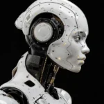 Side-profile portrait of a futuristic white humanoid robot with smooth armored panels, exposed mechanical components at the neck and ear area, and small glowing lights on its face, set against a black background.