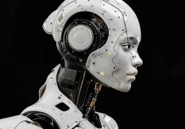 Side-profile portrait of a futuristic white humanoid robot with smooth armored panels, exposed mechanical components at the neck and ear area, and small glowing lights on its face, set against a black background.