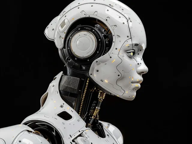 Side-profile portrait of a futuristic white humanoid robot with smooth armored panels, exposed mechanical components at the neck and ear area, and small glowing lights on its face, set against a black background.