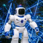 White humanoid robot with blue accents standing in front of a futuristic digital network background.