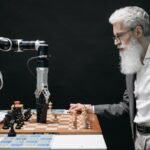 Elderly man playing chess against a robotic arm, illustrating the debate of robots vs humans in intelligence and decision-making